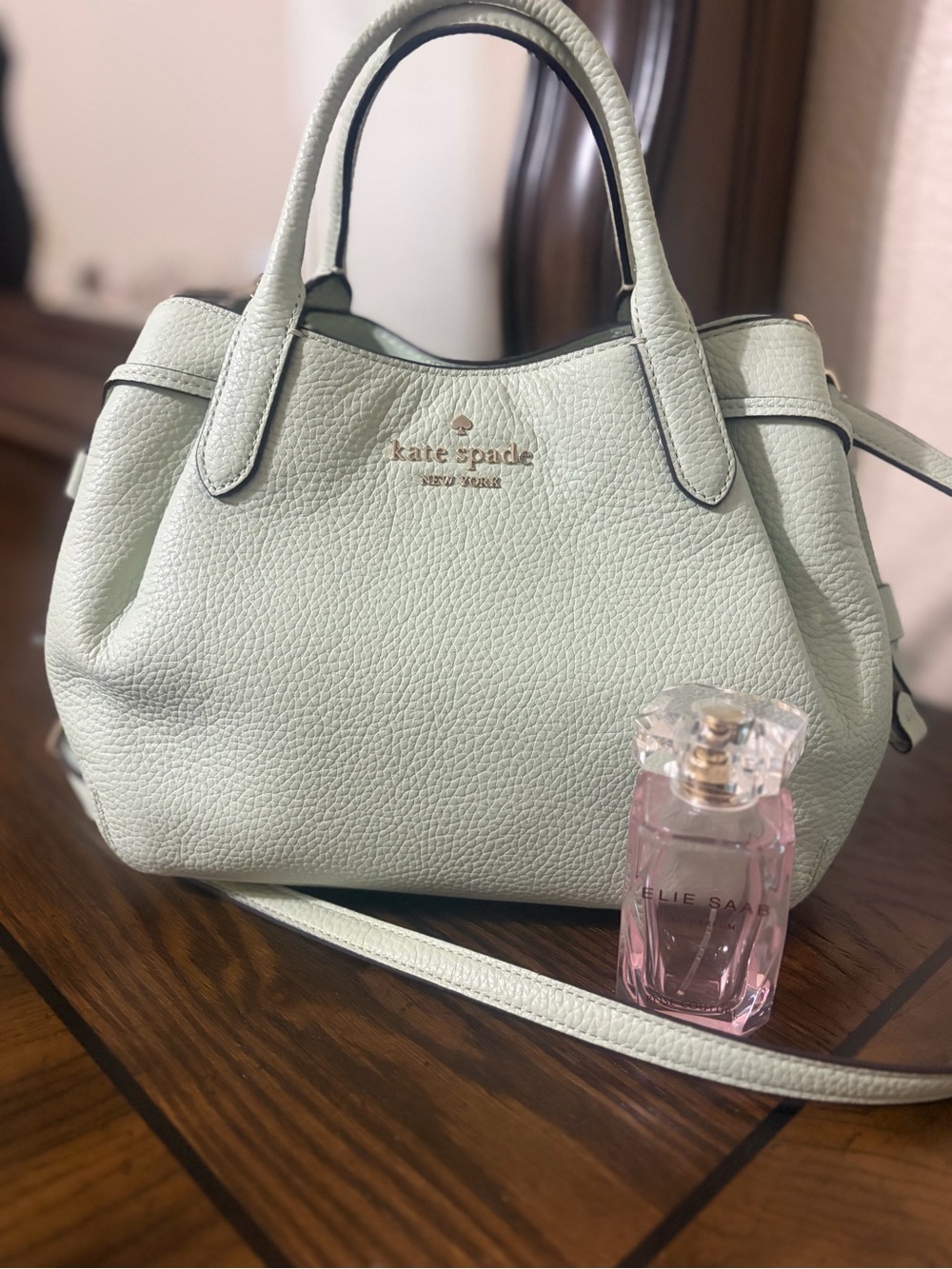 kate spade Pale Mint Pebbled Leather Satchel with Gold Logo